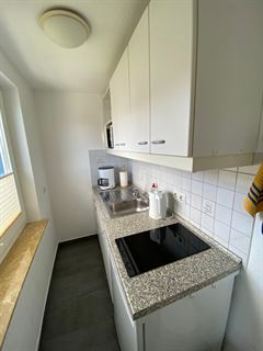 Küchenzeile mit 2-Platten-Herd, Kühlschrank und Mikrowelle